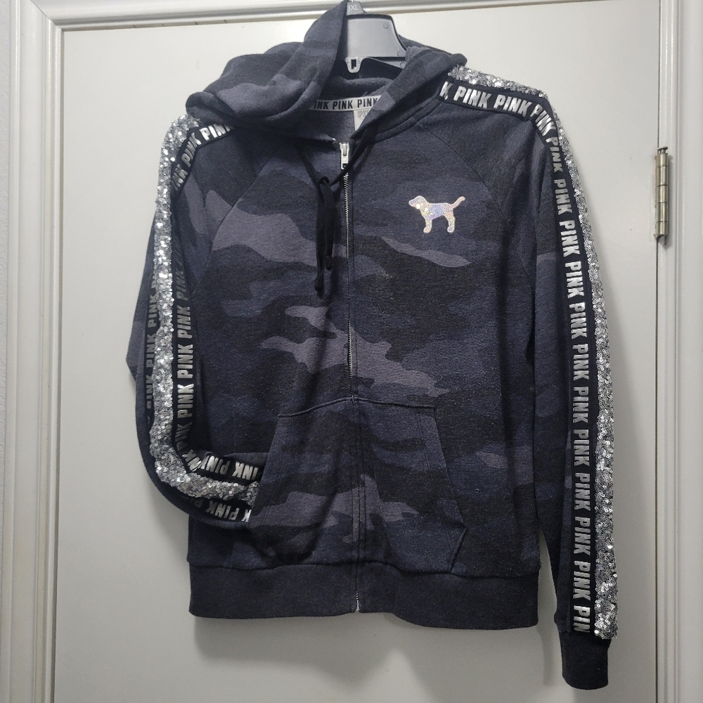 PINK Victoria Secret Bling Black Camo Hoodie Silver Sequin Iridescent Logo, M